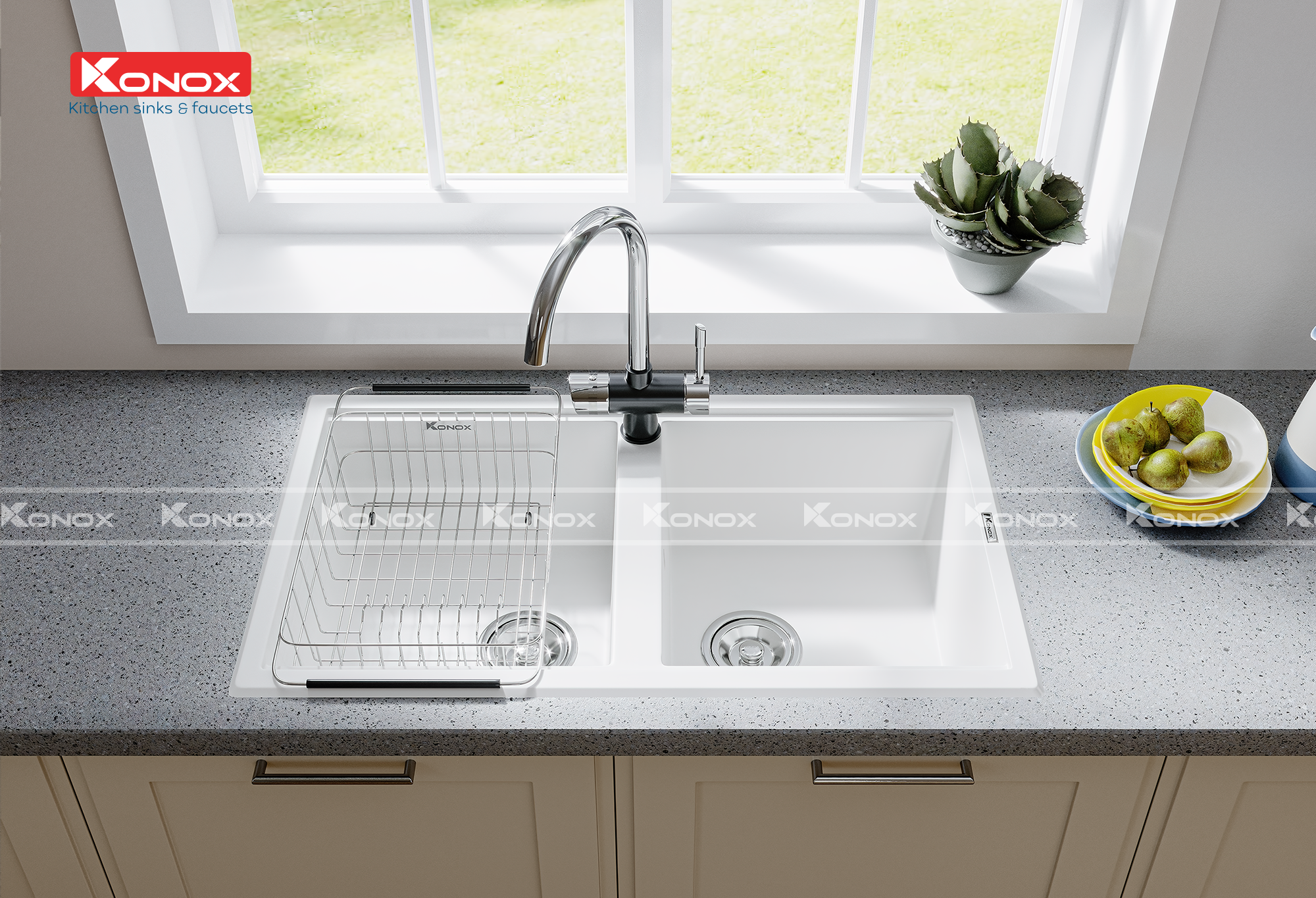 Granite sink Phoenix 860 White SilverSiphon, giá úp bát inox