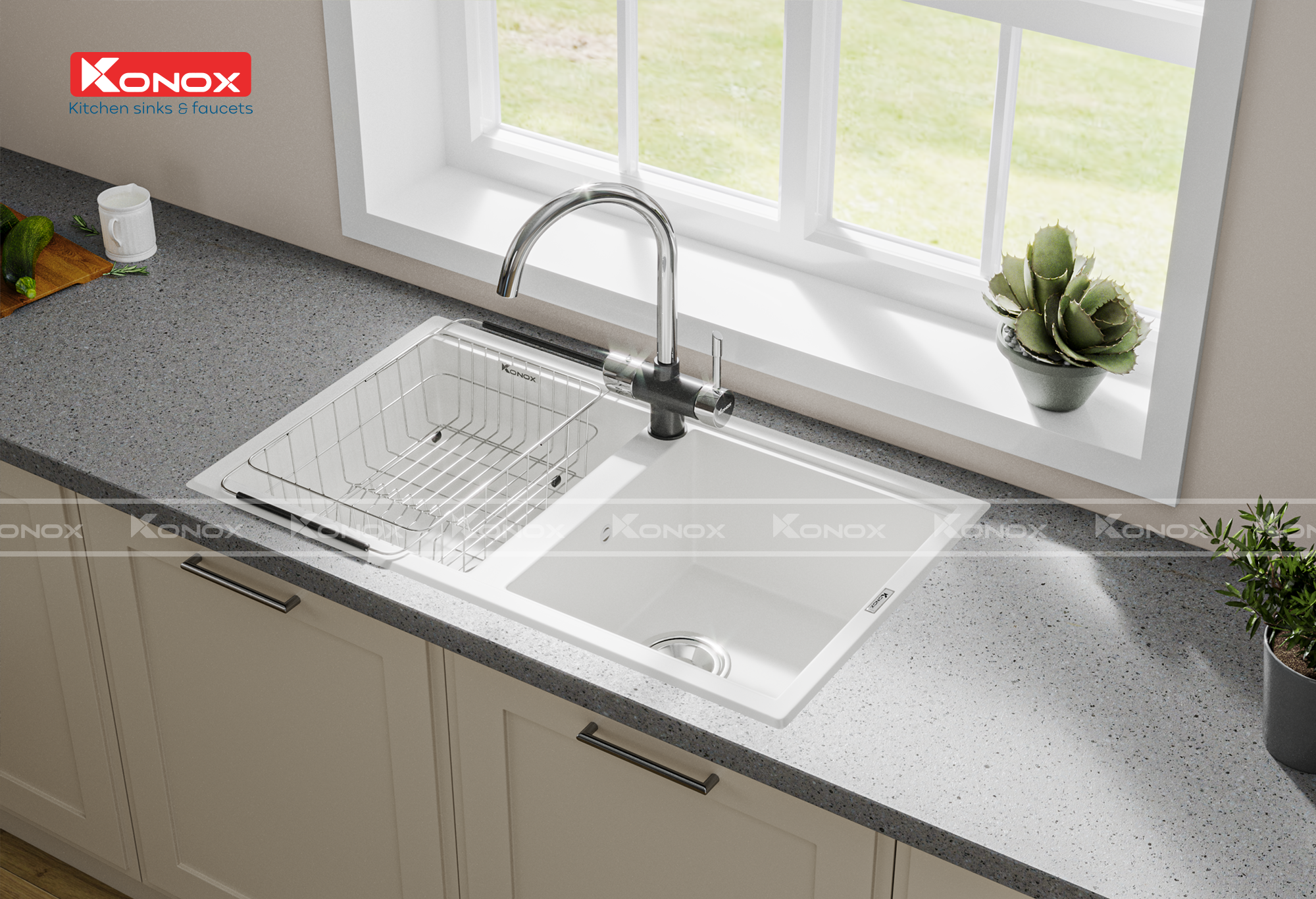 Granite sink Phoenix 860 White SilverSiphon, giá úp bát inox