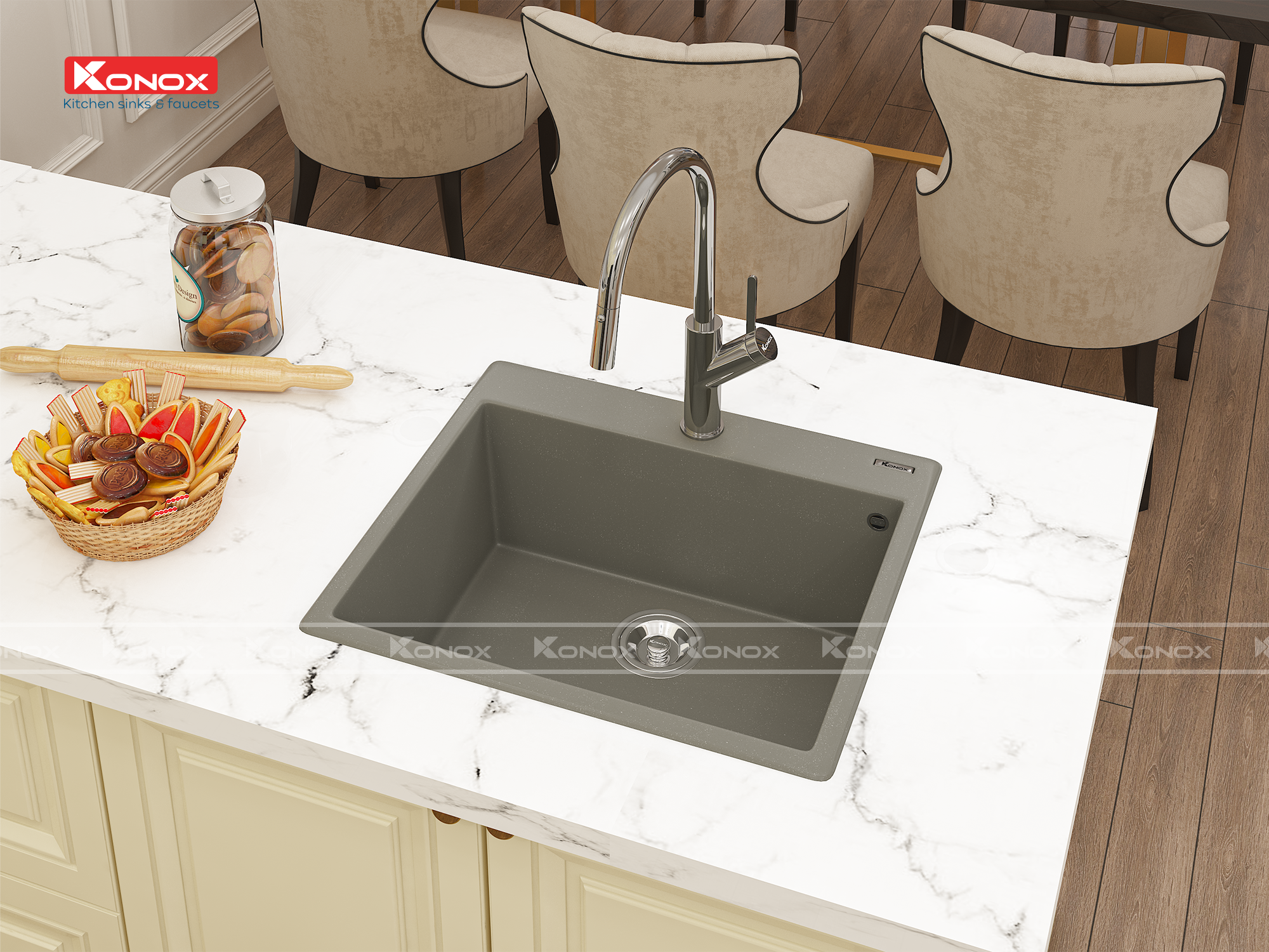 Granite sink Ruvita 680 GreySiphon, giá úp bát inox