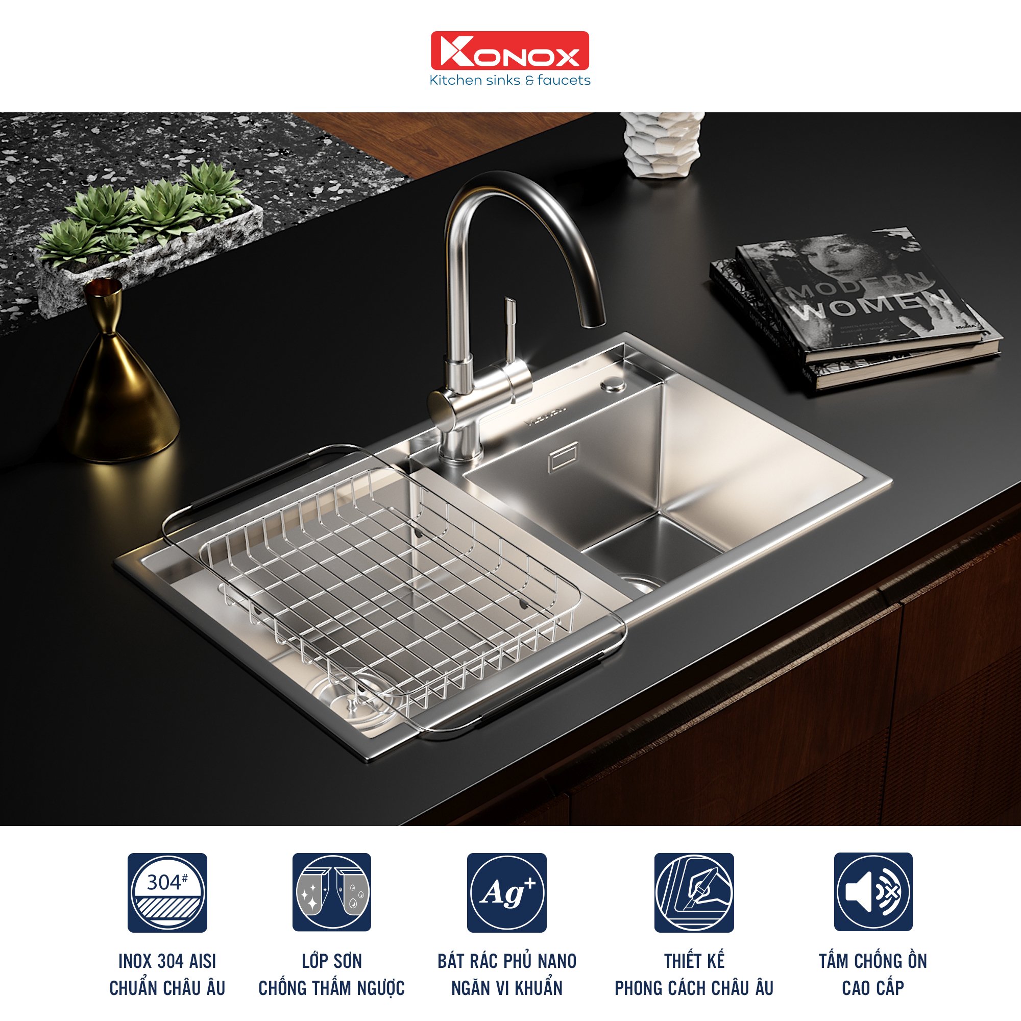 Overmount sink KN7847DOSiphon, giá úp bát inox